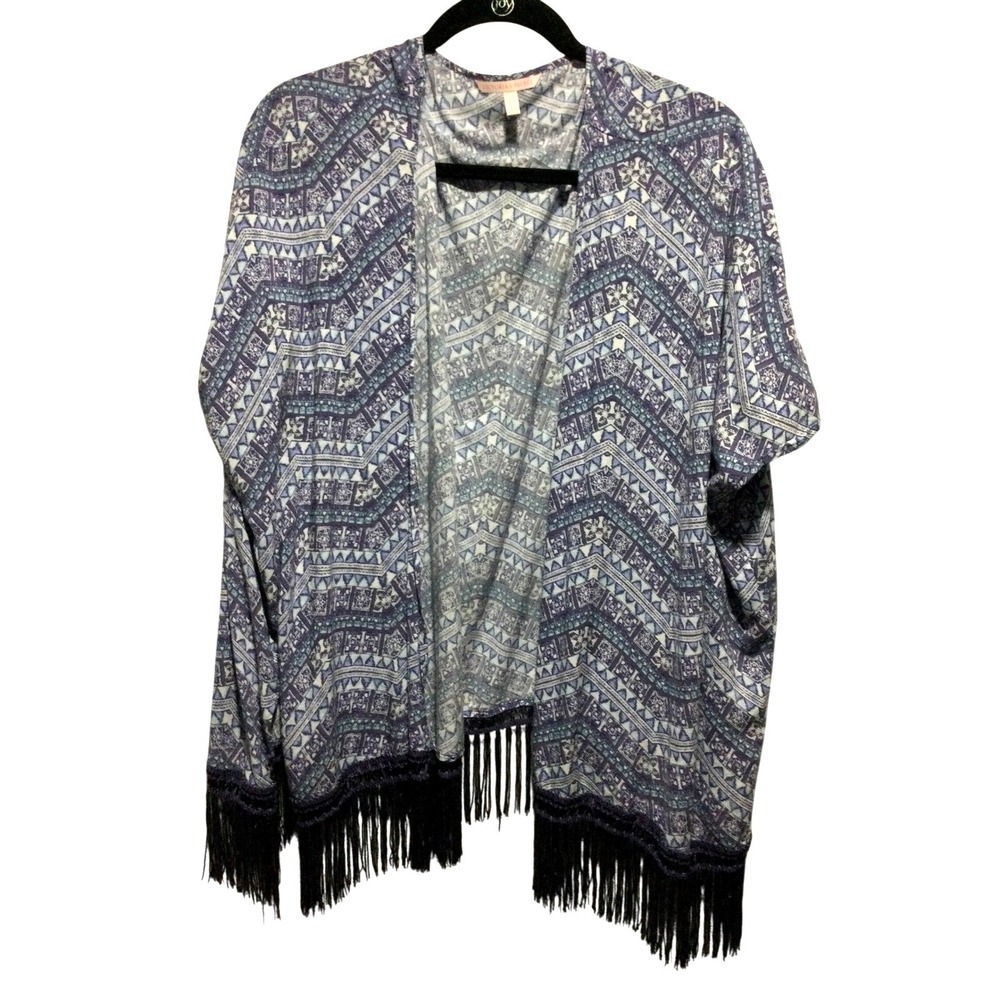 VICTORIA SECRET Geometric Print Kimono Cardigan Fringe XS S Blue Purple
